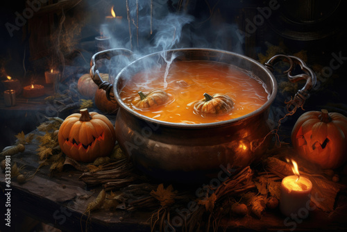 Witchs Cauldron of Boiling Pumpkin Stew. Halloween art
