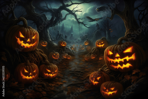 An Skulking Band of Pumpkins Lurking Ast other Scary nighttime Creatures. Halloween art