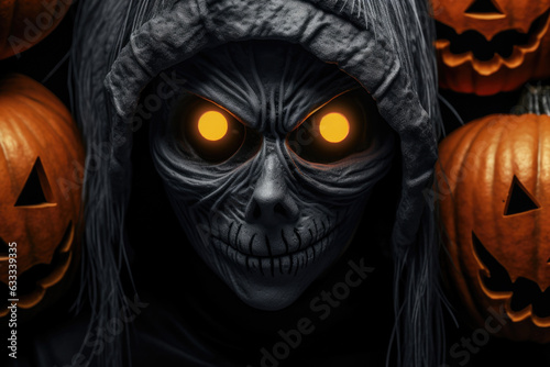 An eerie black and white face with pumpkin eyes. Halloween art
