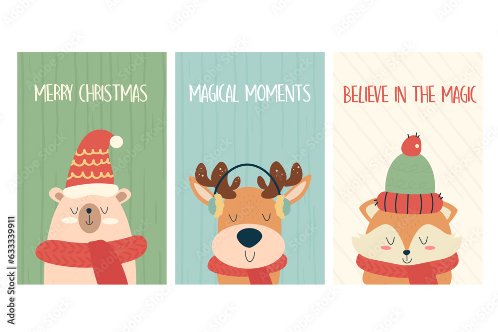 A set of Christmas posters, cards with animal characters A set of Christmas posters, cards with animal characters