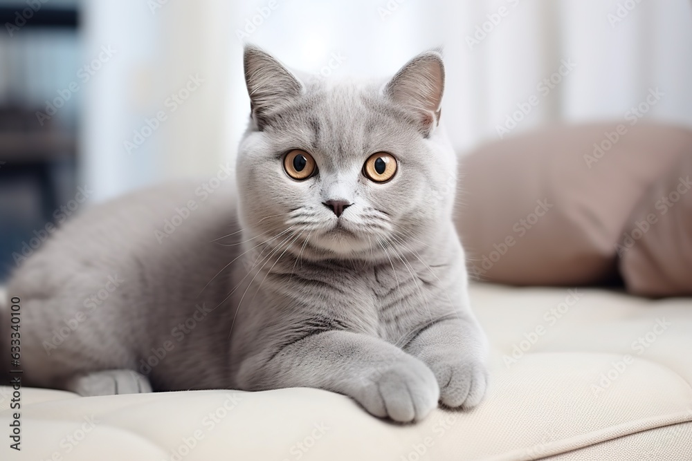 portrait of a british shorthair gray cat on a light sofa