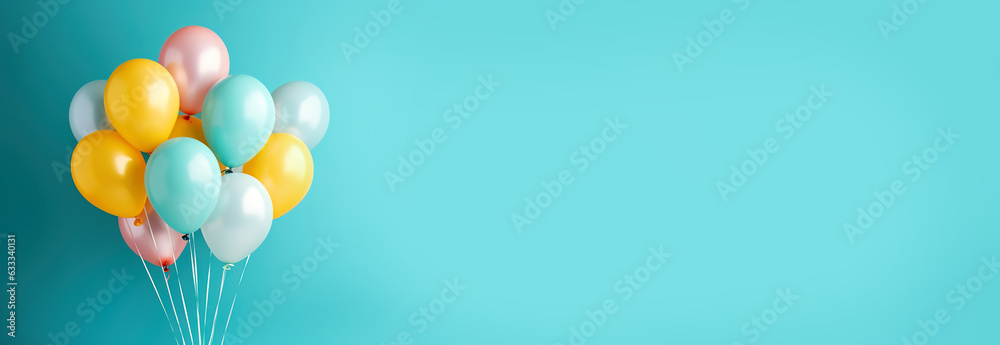 banner with bunch of colorful balloons on a blue background with copy space banner with bunch of colorful balloons on a blue background with copy space