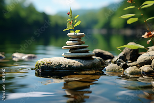 Serene Zen oasis, spiritually uplifting, balanced stone art, tranquil nature ambiance Generative AI