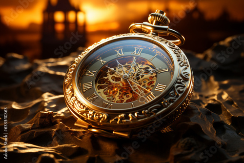 The sands of time embrace an antique pocket watch, a relic Generative AI