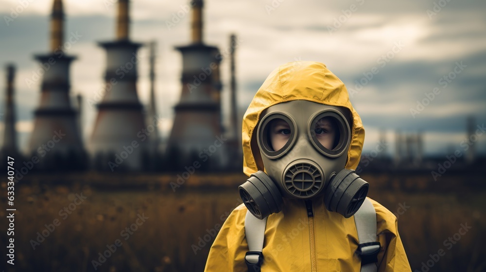 A child in a yellow hazmat suit and gas mask standing in front of a nuclear power plant, Generative AI A child in a yellow hazmat suit and gas mask standing in front of a nuclear power plant, Generative AI