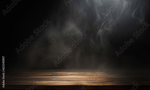 empty wooden table with smoke float up on dark background Empty Space for display your products,.empty wooden table with smoke float up on dark background Empty Space for display your products