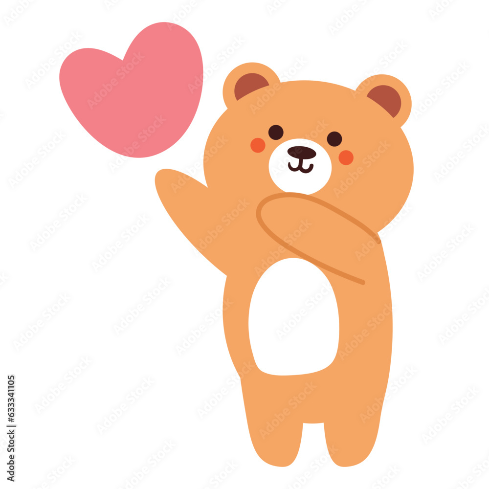 hand drawing cartoon bear with pink heart. cute animal doodle