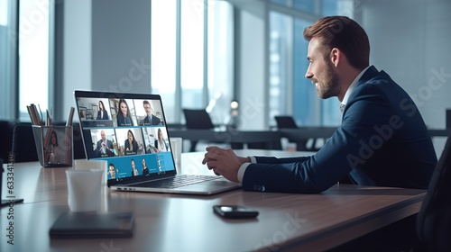Virtual Meeting Video Conference. Team working by group video call share ideas brainstorming negotiating use video conference, pc screen view multi ethnic young people.