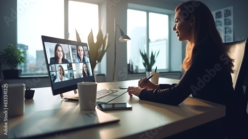 Virtual Meeting Video Conference. Team working by group video call share ideas brainstorming negotiating use video conference, pc screen view multi ethnic young people.