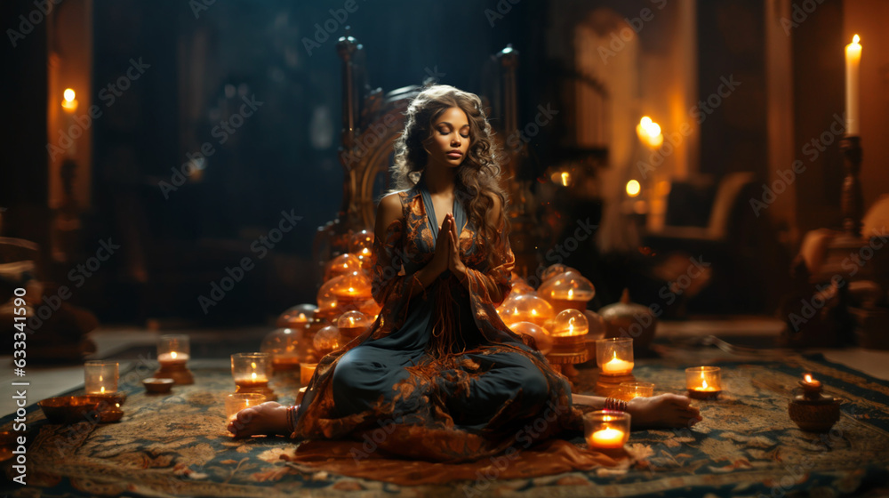 Cosmic Contemplation: Woman Praying and Meditating