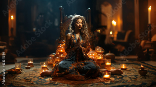 Cosmic Contemplation: Woman Praying and Meditating