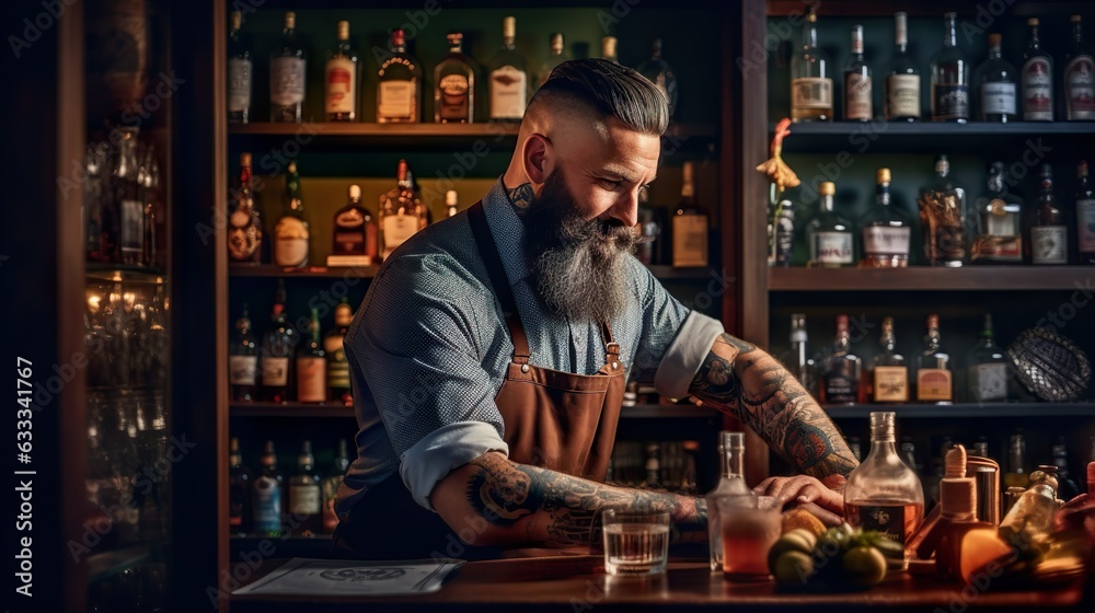 Hipster Barman With A Thick Beard & Arms Covered In Tattoos Serving Drinks In A Bar With A Warm Atmosphere Hipster Barman With A Thick Beard & Arms Covered In Tattoos Serving Drinks In A Bar With A Warm Atmosphere
