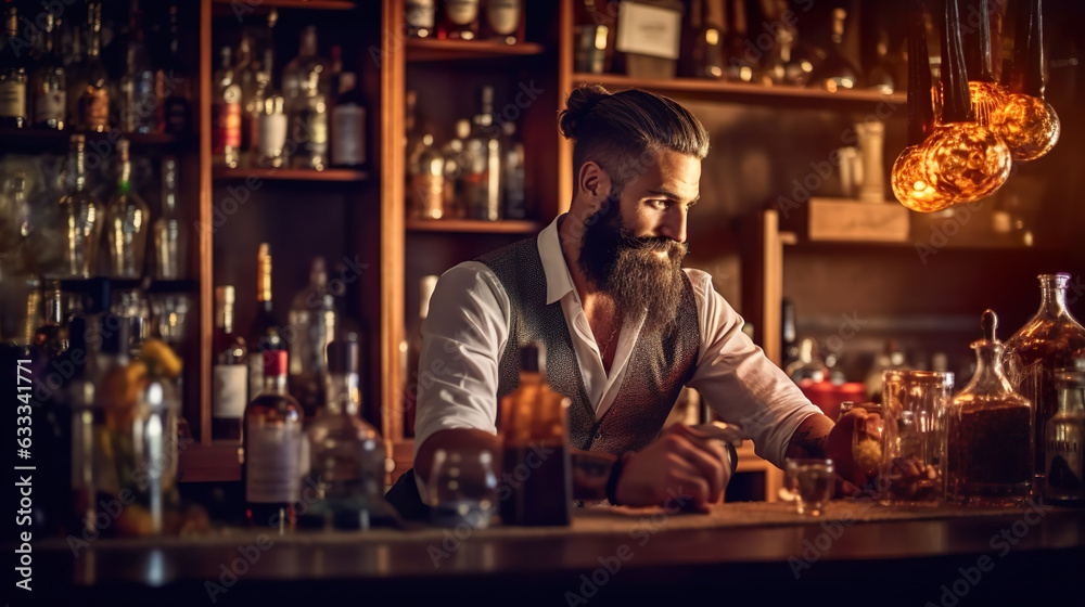 Young Attractive Barman With A Manbun And A Smile On His Face 