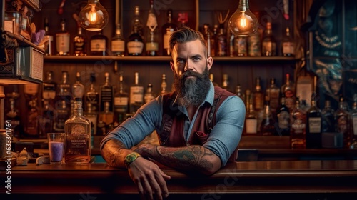 Tattooed & Bearded Hipster Barman With A Bottle Beside Him 