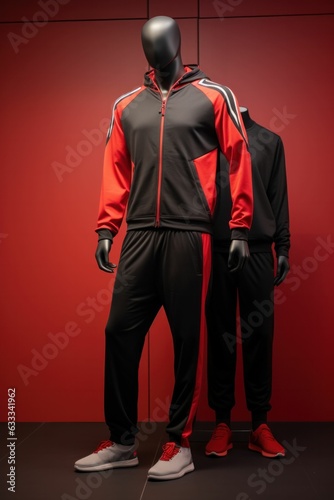 Modern men's tracksuit in red and black on a mannequin in a minimalist style, with a gym background. Generative AI