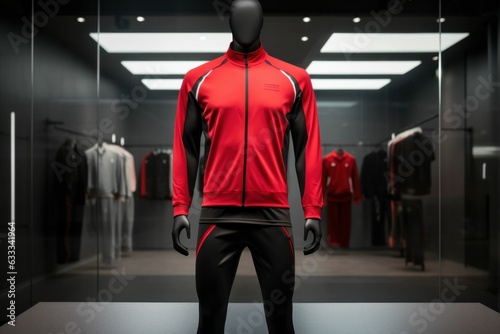 Modern men's tracksuit in red and black on a mannequin in a minimalist style, with a gym background. Generative AI photo