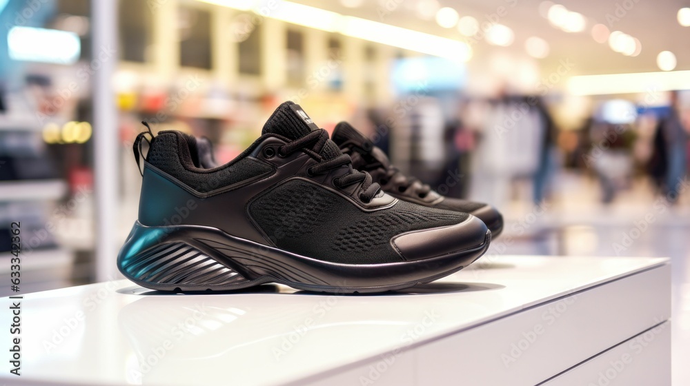 Pair of Stylish women's textile black sports shoes on a stand in front of a shoe store in a shopping mall. Generative AI