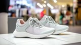 Pair of Stylish women's textile white sports shoes on a stand in front of a shoe store in a shopping mall. Generative AI