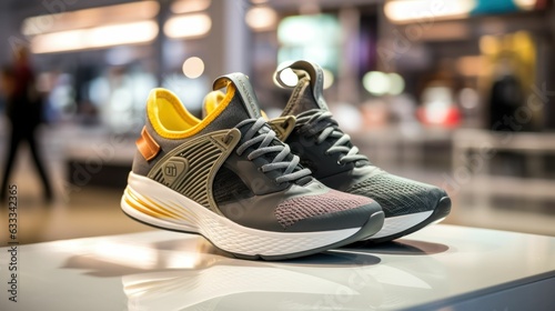 Pair of Stylish women's textile in grey, yellow and black colors sports shoes on a stand in front of a shoe store in a shopping mall. Generative AI