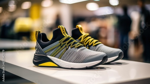 Pair of Stylish women's textile in grey, yellow and black colors sports shoes on a stand in front of a shoe store in a shopping mall. Generative AI