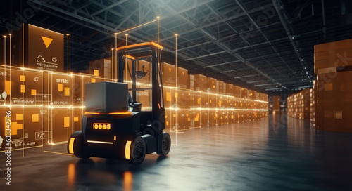 Forklift doing storage in warehouse by artificial intelligence automation. Robotics applied to industrial logistics.