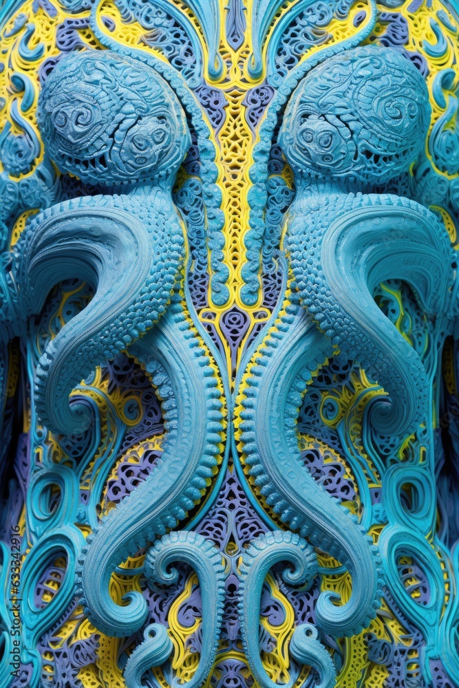 A captivating sculpture of a blue and yellow octopus entwines its tentacles in a mesmerizing display of art and motif