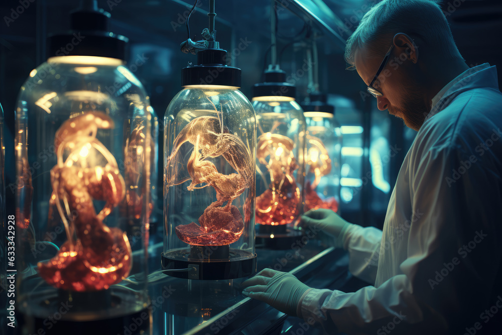 A biotech laboratory cultivating labgrown organs and tissues, ai