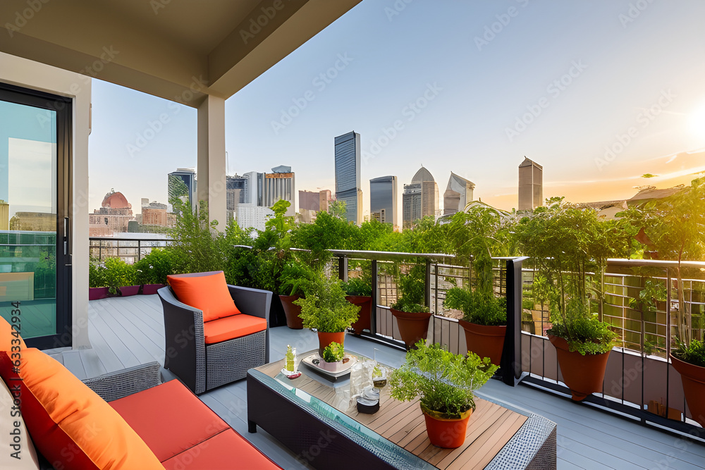 City garden on sustainable balcony with rosemary, basil, mint, cherry tomatoes and other easy-to-grow vegetables on sunset cityscape background. Vegetable garden on terrace