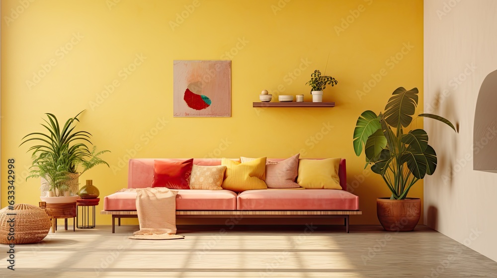 Obraz premium A cozy room filled with a plush loveseat, adorned with colorful cushions and a vibrant houseplant, illuminated by a captivating painting on the wall, creates a perfect haven of comfort and beauty