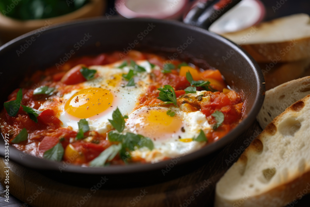 Shakshuka: Runny Yolk, Crusty Bread - Middle Eastern comfort food for a hearty, healthy breakfast or brunch; a vibrant, delicious and protein-packed vegetarian dish.