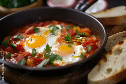 Shakshuka: Runny Yolk, Crusty Bread - Middle Eastern comfort food for a hearty, healthy breakfast or brunch; a vibrant, delicious and protein-packed vegetarian dish.