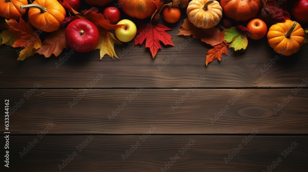 Festive autumn decor from pumpkins, berries and leaves on a brown wooden background. Concept of Thanksgiving day or Halloween. Flat lay autumn composition with copy space. Generative AI Festive autumn decor from pumpkins, berries and leaves on a brown wooden background. Concept of Thanksgiving day or Halloween. Flat lay autumn composition with copy space. Generative AI
