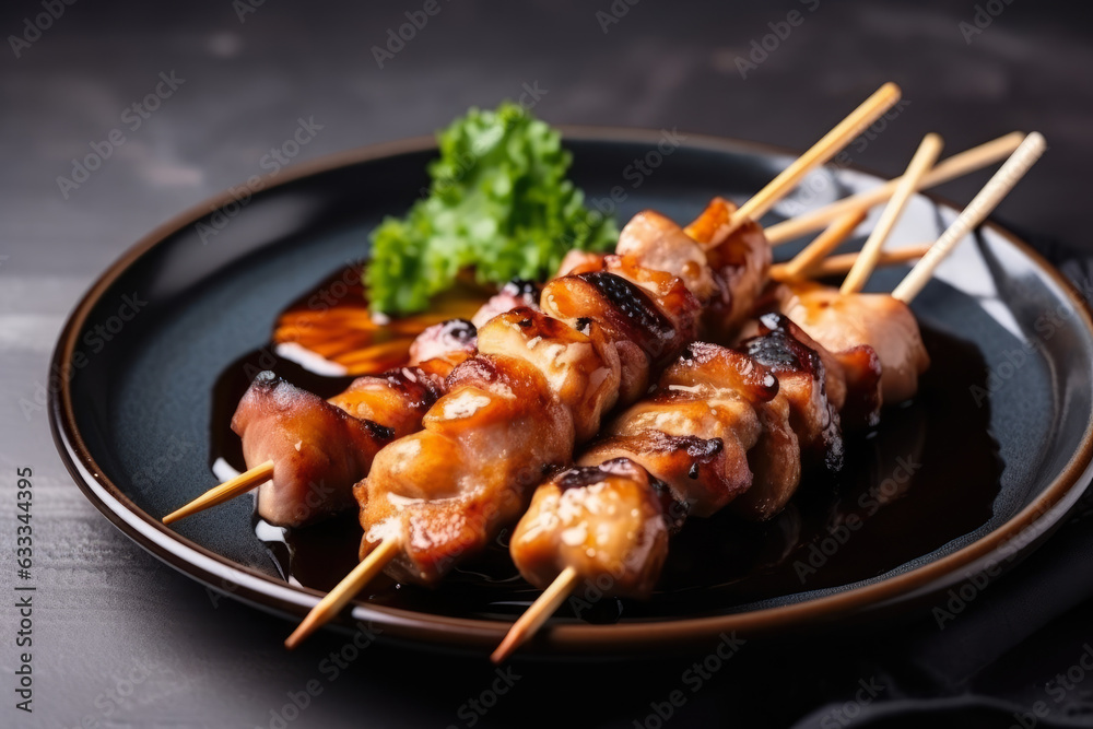 Yakitori skewers, with succulent chicken, charred edges, and served on a traditional Japanese plate, offering a delicious taste of grilled and flavorful Japanese cuisine.