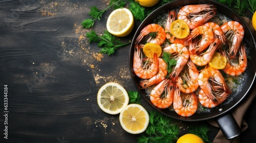 Prawns Shrimps roasted on pan with lemon and garlic on dark rustic background. Top view. There is a lot of empty copy space for text on the left. Generative AI