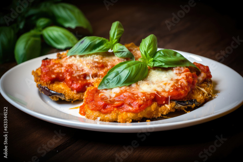 Eggplant Parmesan with Golden Crispy Texture, Tomato Sauce, and Fresh Basil: A Delicious Homemade Vegetarian Comfort Food in Italian Cuisine