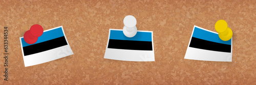 Estonia flag pinned in cork board, three versions of Estonia flag.