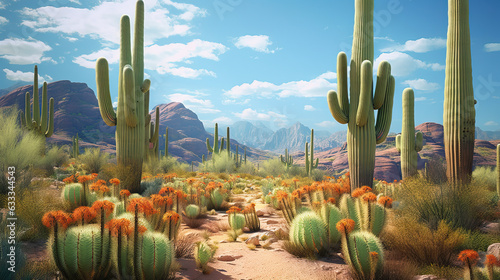 A stunning desert landscape with majestic mountains and vibrant cacti photo