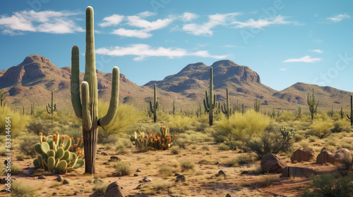 A desert landscape with a majestic cactus and breathtaking mountain backdrop