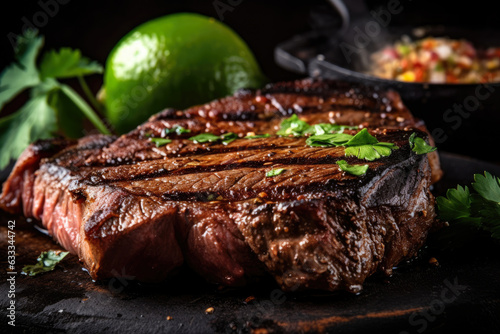 Churrasco steak sizzling on a hot grill, garnished with fresh herbs and sliced limes, creating a succulent, mouth-watering Brazilian barbecue experience.