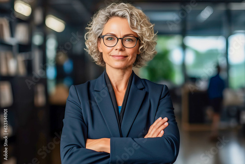 A confident woman in a professional attire, posing with her arms crossed