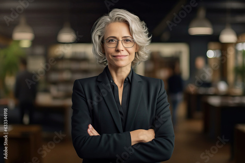 A confident middle aged business woman ceo standing in office arms crossed. Smiling mature confident professional executive manager, proud lawyer, businessman leader wearing white suit