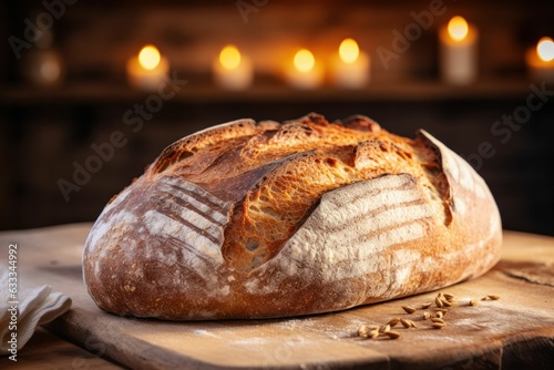 Sourdough bread with crispy crust on wooden shelf Generative AI