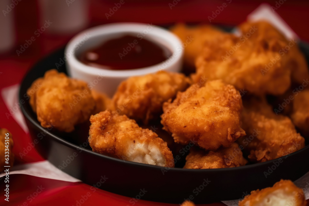 Fried chicken nuggets with BBQ dipping sauce on a red checkered plate, captured in a mouthwatering macro shot. Fried chicken nuggets with BBQ dipping sauce on a red checkered plate, captured in a mouthwatering macro shot.