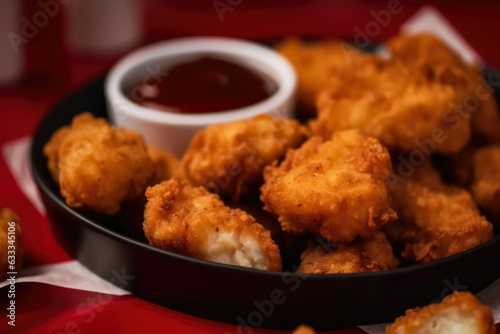 Fried chicken nuggets with BBQ dipping sauce on a red checkered plate, captured in a mouthwatering macro shot.
