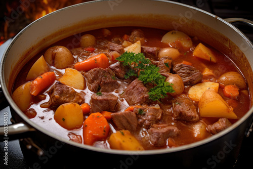 Goulash, a hearty and traditional Hungarian stew, simmering in a pot with tender chunks of beef, carrots, and potatoes, releasing a delicious aroma and enveloped in steam.