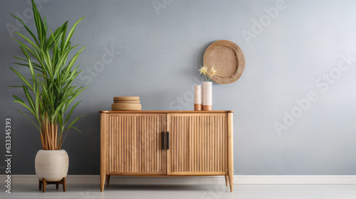a wooden sideboard in a delightful living room interior decor ai generated
