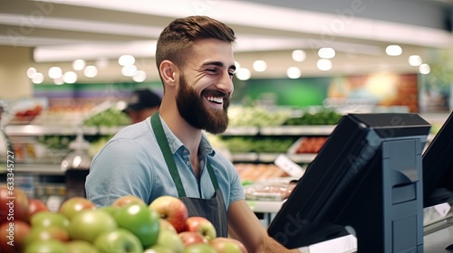 The cashier is smiling in supermarket. Generative AI