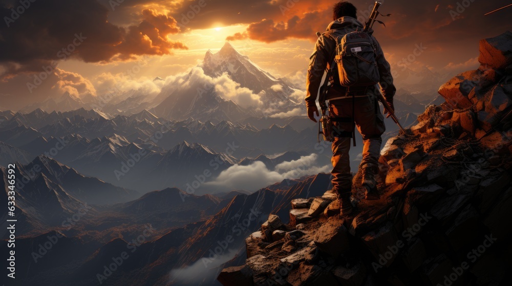 Triumph at Twilight Exhausted Mountaineer Admiring the Sunset from the Summit Triumph at Twilight Exhausted Mountaineer Admiring the Sunset from the Summit
