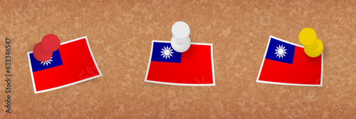 Taiwan flag pinned in cork board, three versions of Taiwan flag.