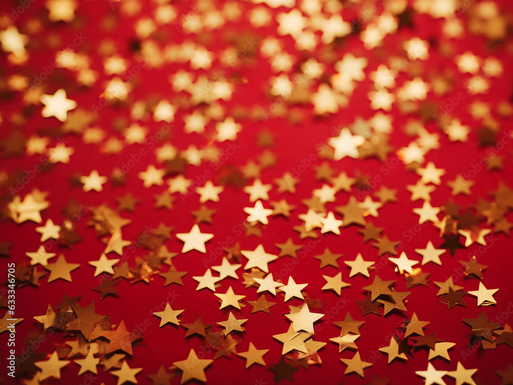 Yellow gold stars on a red background, festive New Year background